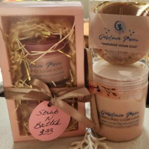 Boxed gift set of Gardenia Moon ScrubNButtah in pinks for $33
