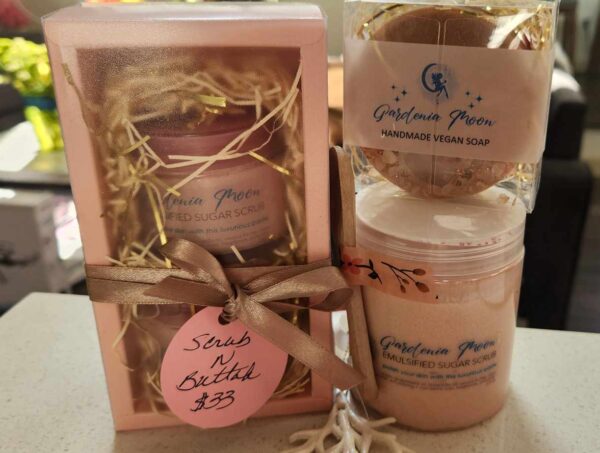 Boxed gift set of Gardenia Moon ScrubNButtah in pinks for $33